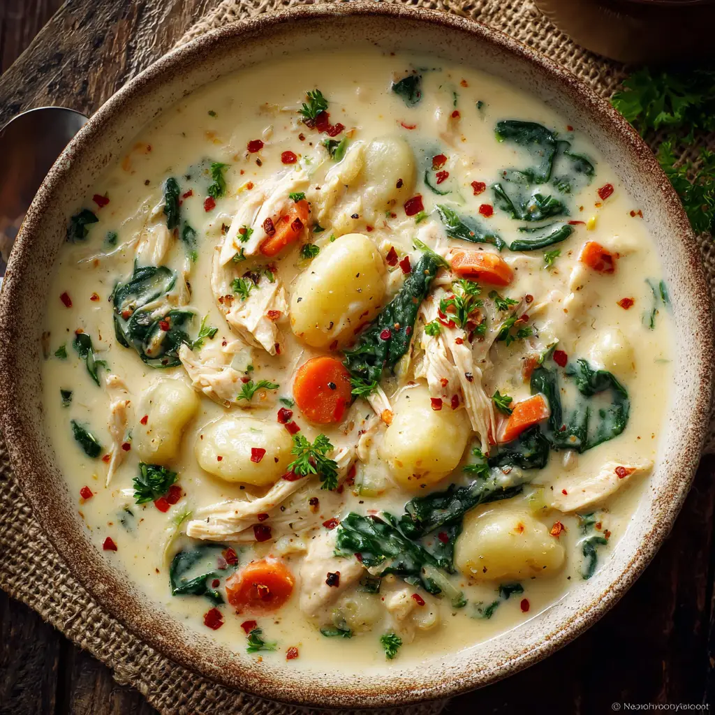 A spoonful of homemade gnocchi soup being lifted from a bowl, showing the pillowy gnocchi and tender chicken coated in the creamy soup base.
