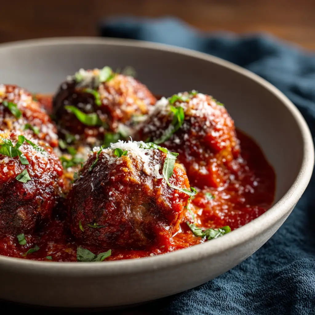 A bowl of homemade keto meatballs garnished with fresh parsley and parmesan cheese, ready for a family dinner.