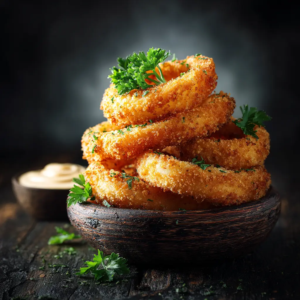 A hand dipping a homemade onion ring into a small bowl of spicy aioli sauce, showing a delicious serving suggestion.