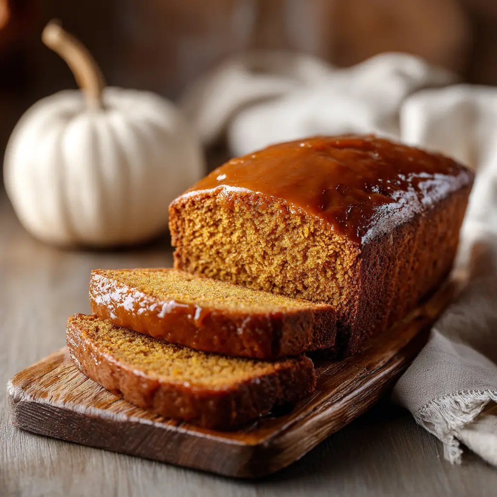 Pumpkin Bread Recipe (The Only One You'll Ever Need) 3 A freshly baked loaf of homemade pumpkin bread sitting on a cooling rack next to a cozy kitchen towel. The loaf has a beautiful golden-brown crust.