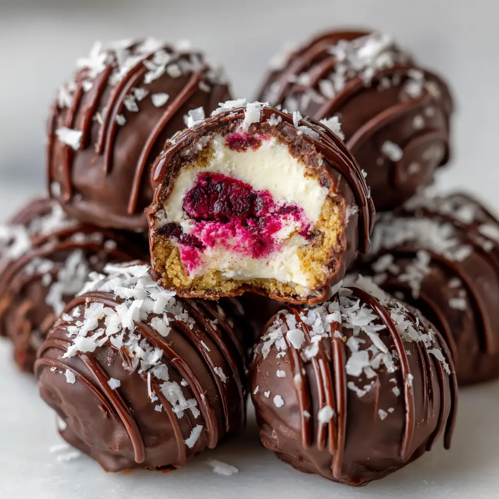 A detailed image of several no-bake raspberry cheesecake truffles ready to be served.