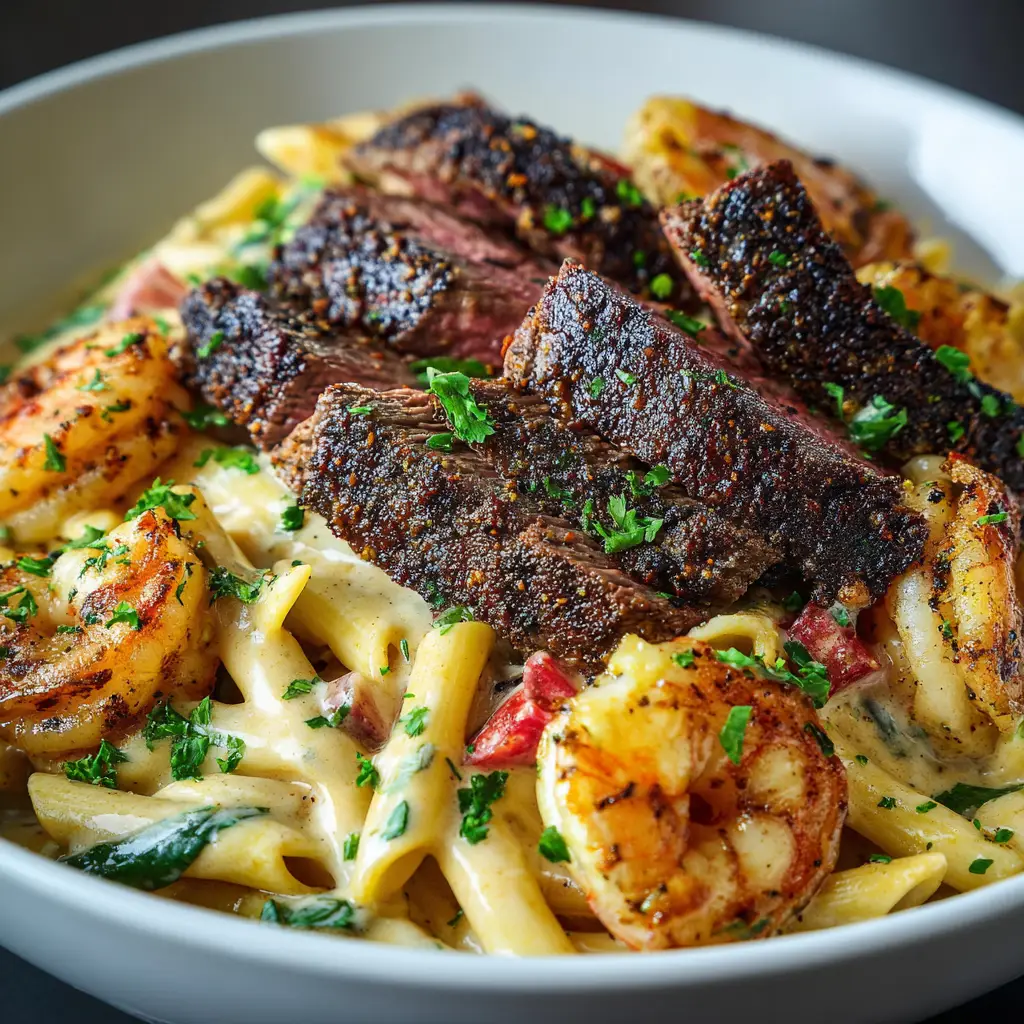 Homemade steak alfredo with shrimp being tossed in a skillet with creamy sauce and fettuccine.