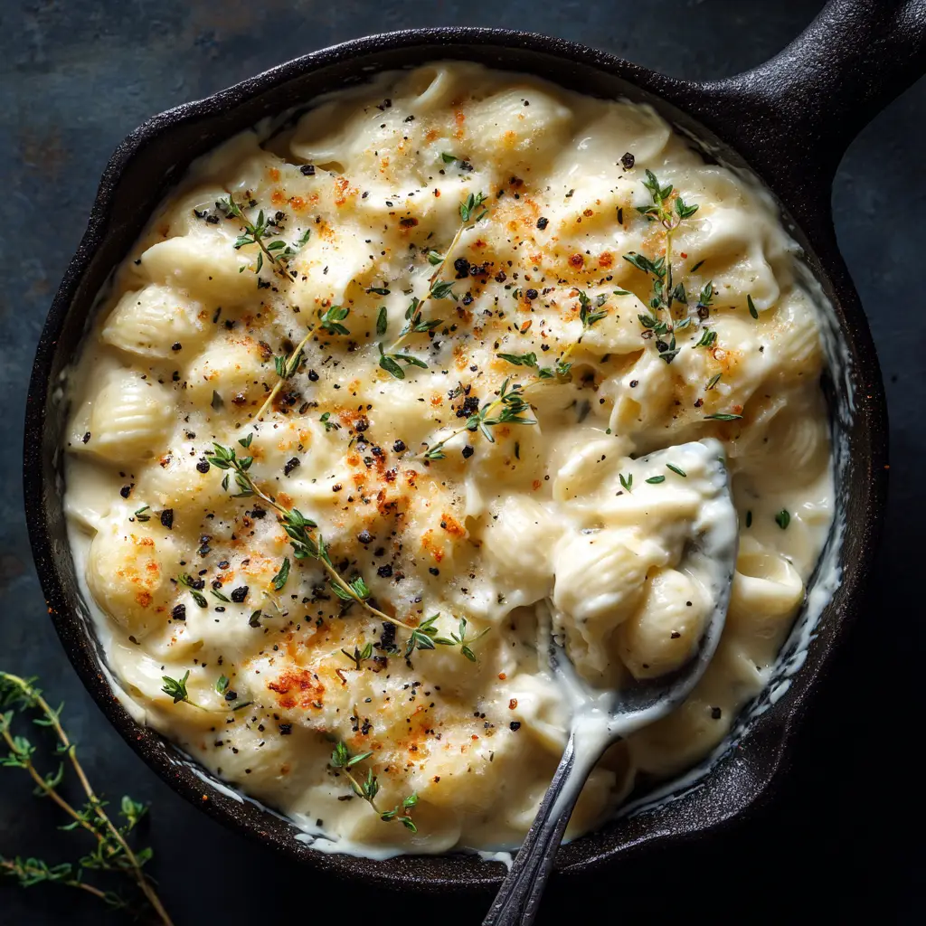 White Cheddar Mac and Cheese (The Ultimate Creamy Recipe) 3 An extreme close-up overhead shot of homemade white cheddar mac and cheese in a skillet, showing the velvety cheese sauce.