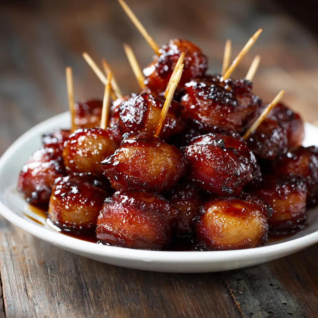 A row of bacon wrapped water chestnuts arranged on a wire rack before baking, showing how to prepare the appetizer.