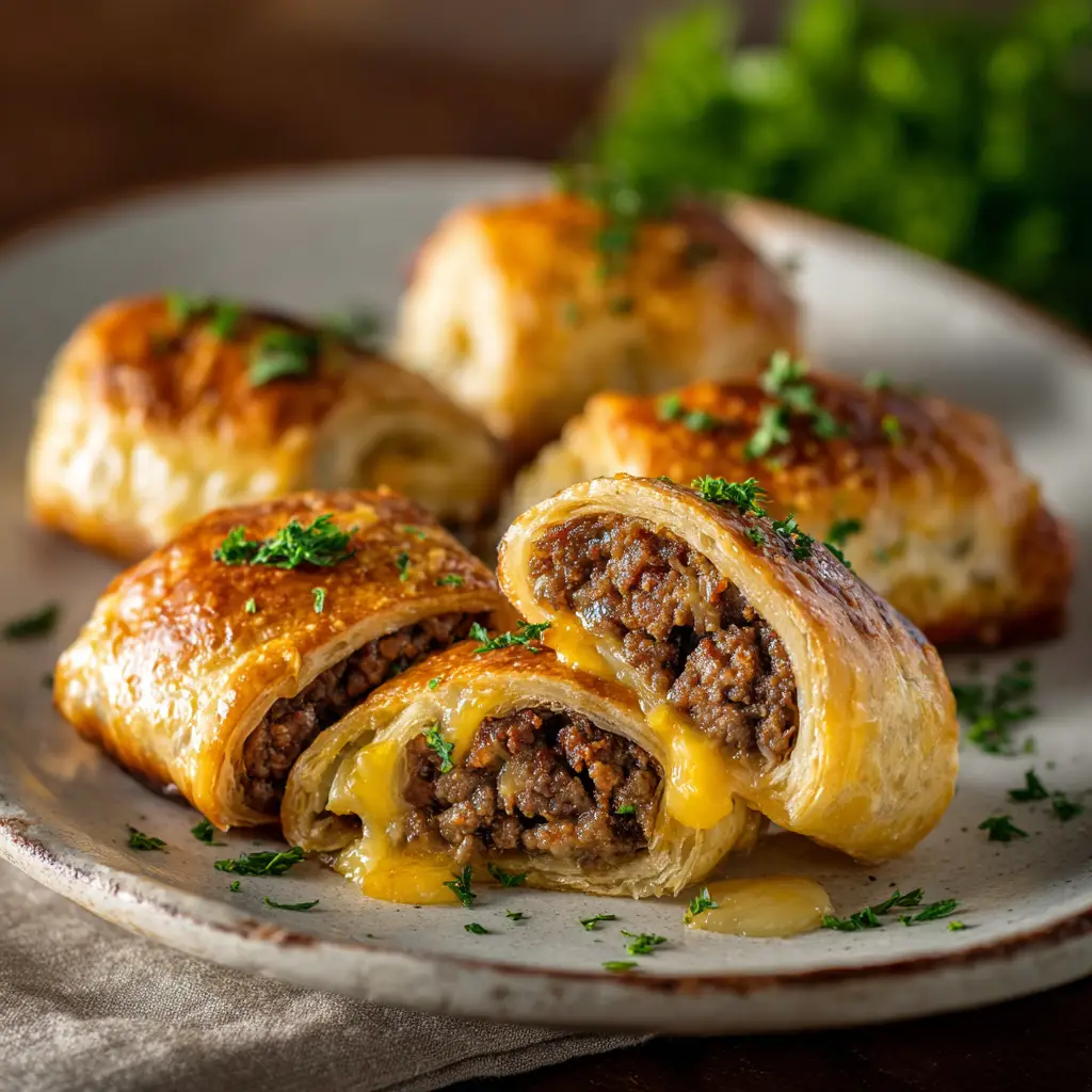 Cheeseburger Rollups: The Ultimate Easy Appetizer 2 A close-up view of the cheeseburger rollup filling being spread over crescent roll dough before being rolled and baked.