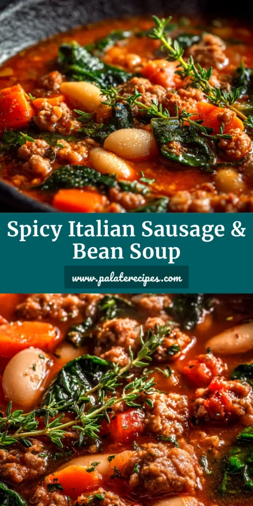 A vibrant bowl of Italian Sausage Cannellini Bean Soup, garnished with fresh herbs and a side of crusty bread, ready to be pinned.