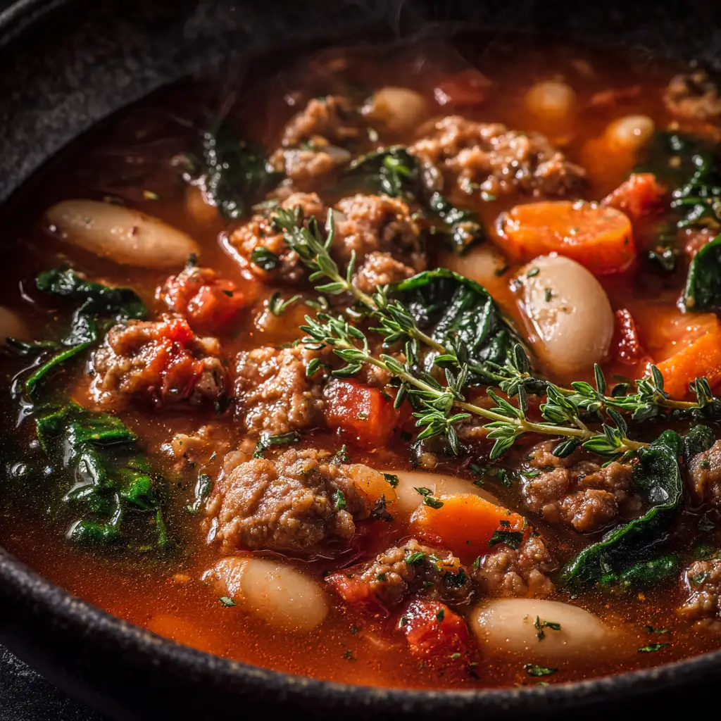 A spoonful of Italian sausage and cannellini bean soup, highlighting the crumbled sausage, creamy beans, and diced vegetables.