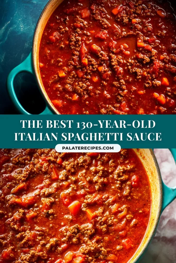 A large pot of rich, homemade Italian spaghetti sauce simmering on a stove. This authentic Italian spaghetti sauce recipe is perfect for family dinners.
