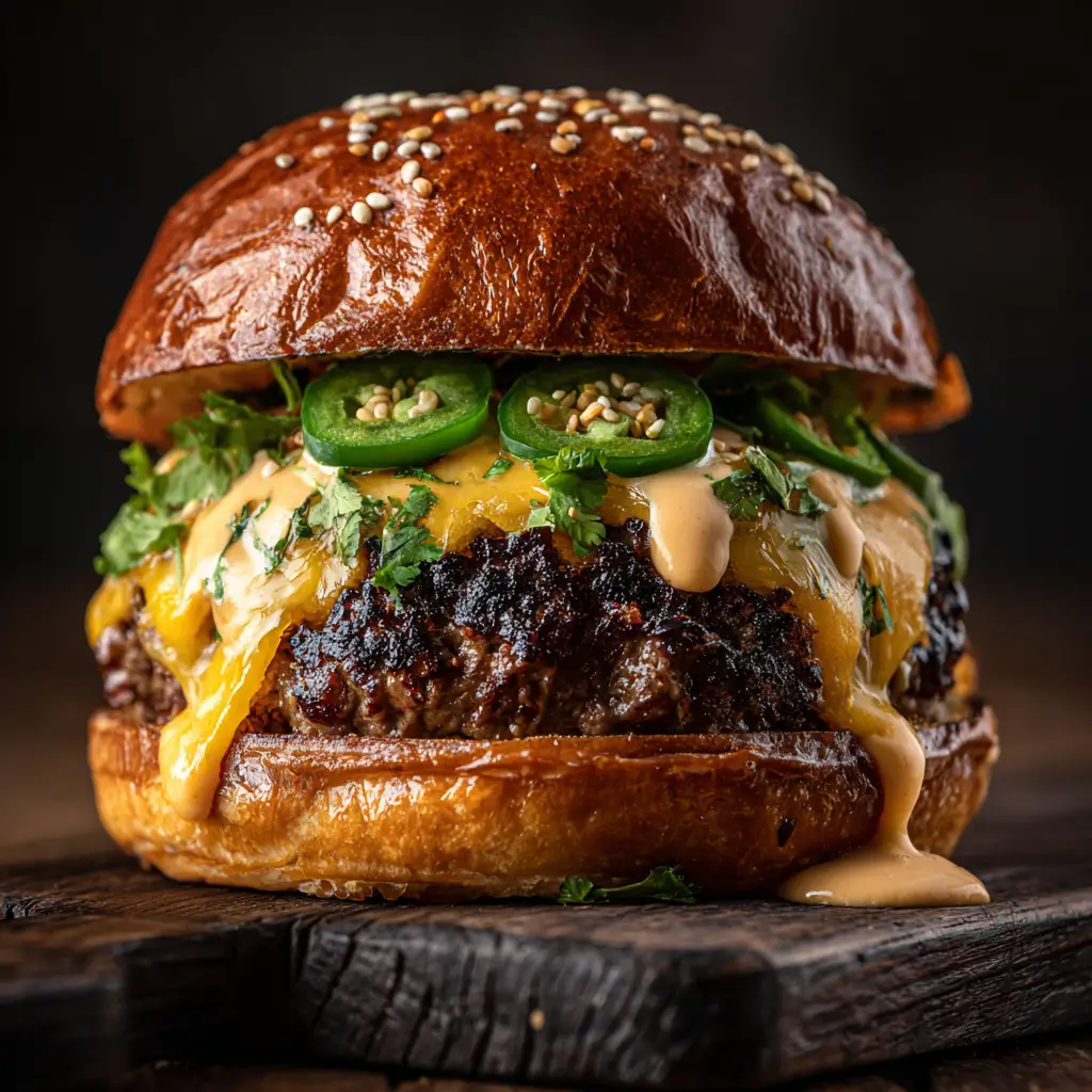 A juicy jalapeno smash burger cut in half to show the perfectly cooked interior and layers of cheese, jalapenos, and spicy aioli.
