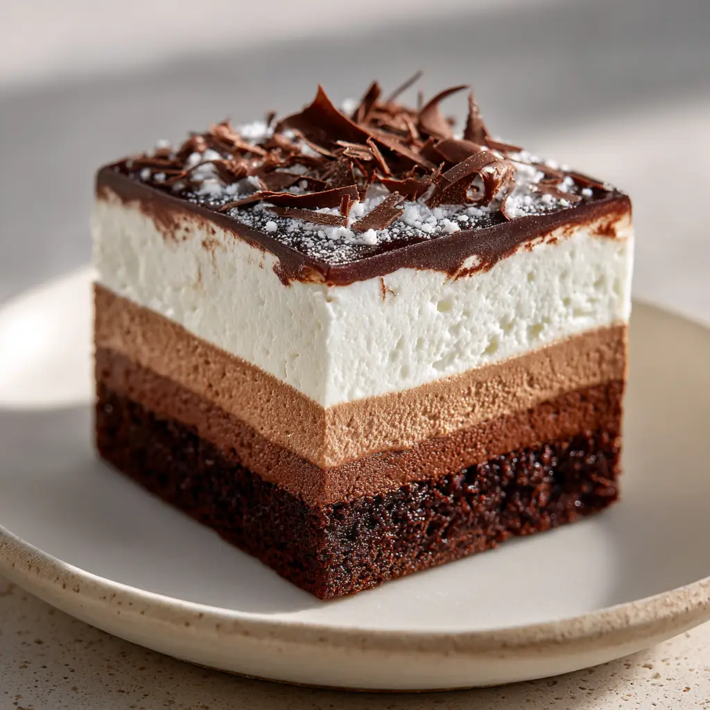 An 8x8 pan of chocolate mousse brownies after the ganache has been poured, showing the glossy, smooth top layer before slicing.