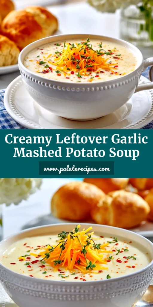 A beautiful bowl of creamy leftover mashed potato soup, topped with crispy bacon, shredded cheddar cheese, and fresh chives. The perfect quick and easy recipe for using up leftovers.