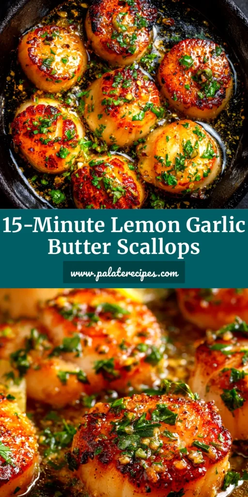 Lemon Garlic Butter Scallops: A 10-Minute Restaurant-Quality Meal 4 A top-down view of Lemon Garlic Butter Scallops in a cast-iron skillet, garnished with fresh parsley. This quick and easy 10-minute recipe is perfect for a delicious weeknight dinner.