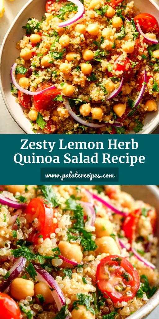 A bright and colorful bowl of Lemon Herb Quinoa, garnished with fresh parsley and a slice of lemon, ready to be served.
