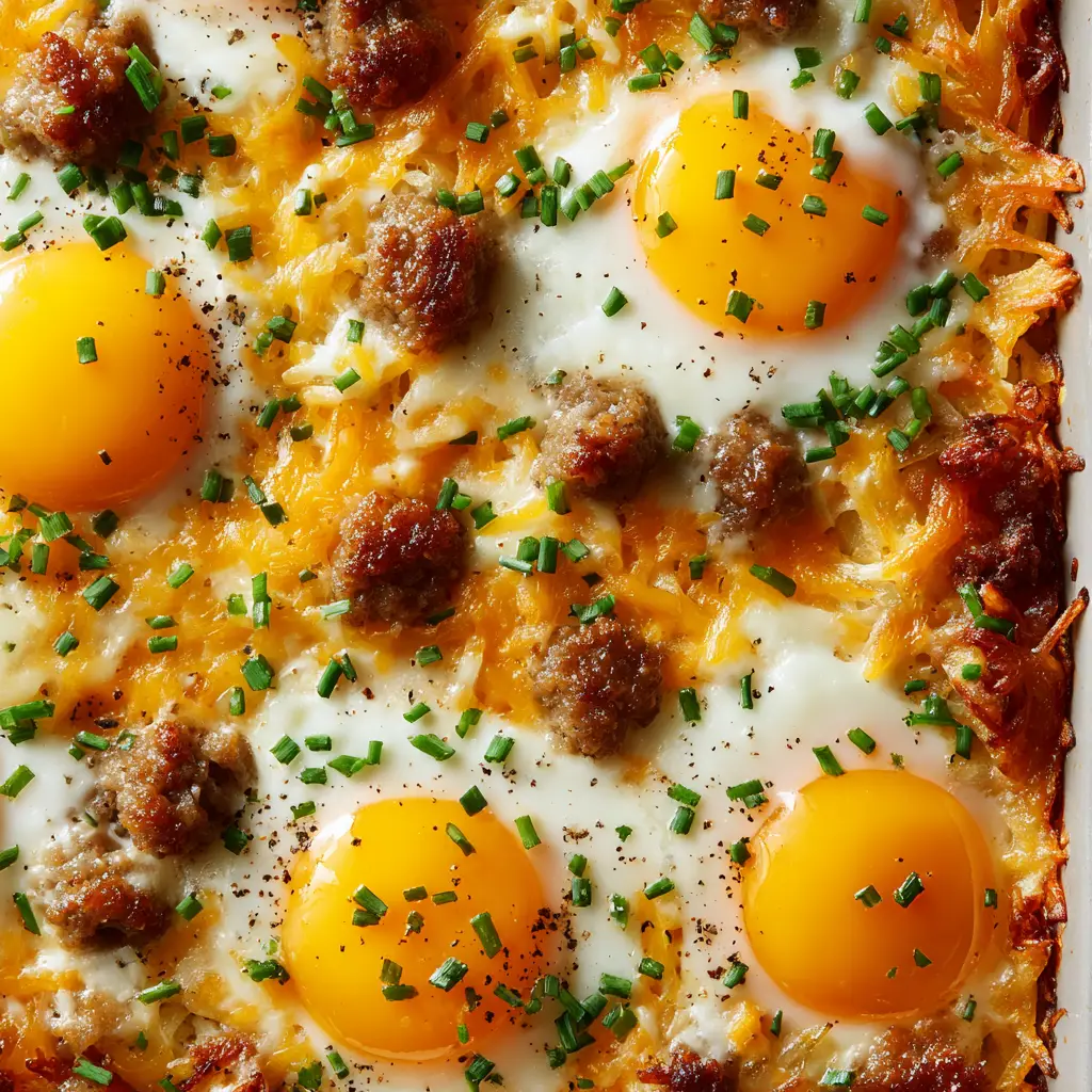 Sausage Hashbrown Breakfast Casserole (Easy & Cheesy) 2 A serving of the make-ahead breakfast casserole on a fork, showing the fluffy egg texture and pieces of sausage and hash browns.