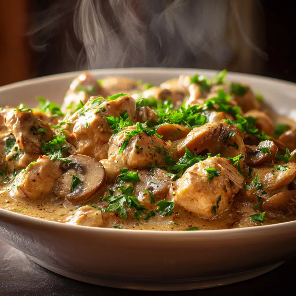 The process of making the stroganoff sauce in a skillet, with golden-brown mushrooms and onions being stirred into the creamy base.