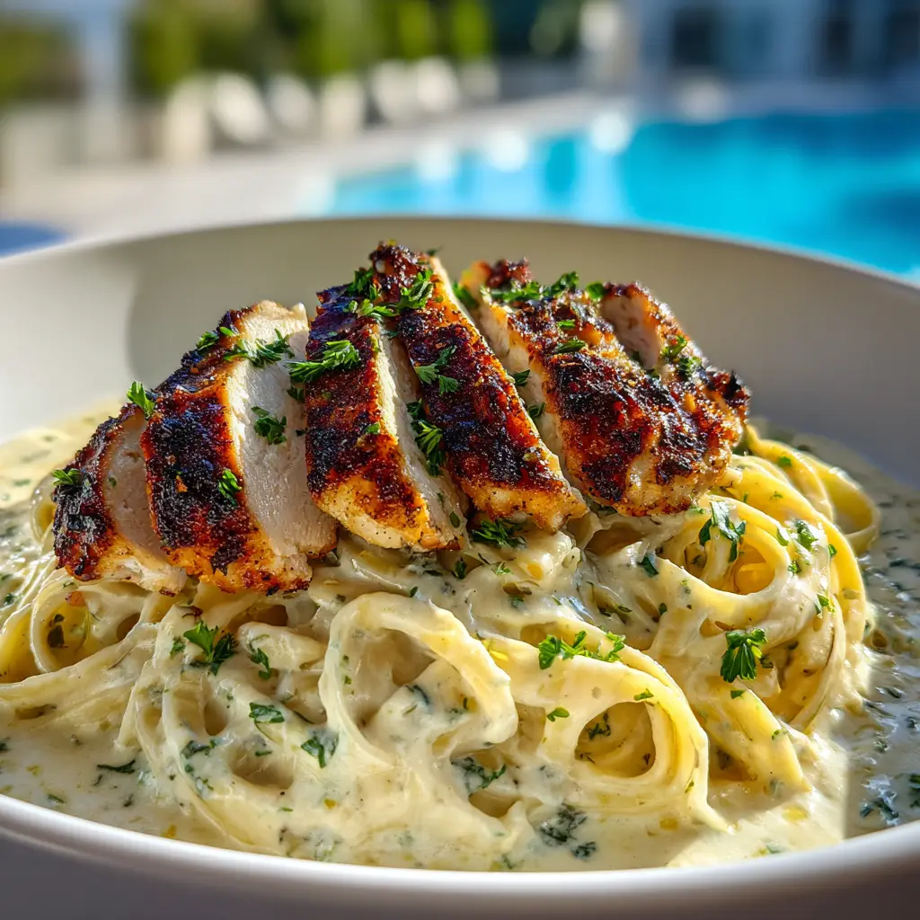 A pan of chicken alfredo being prepared, showing the chicken and pasta being mixed into the creamy garlic sauce.