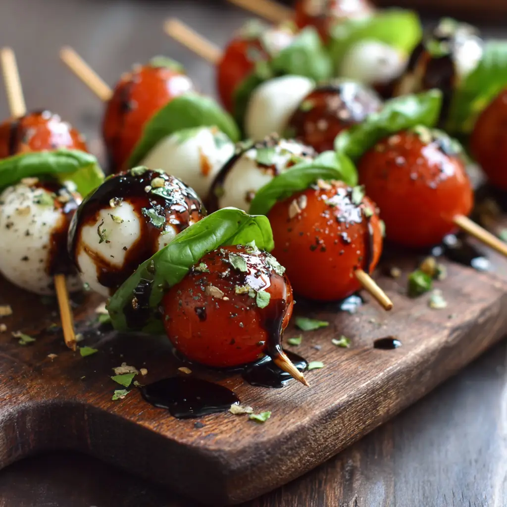 Assembling the mini caprese mozzarella bites on a wooden board. The fresh ingredients are laid out ready to be threaded onto skewers.