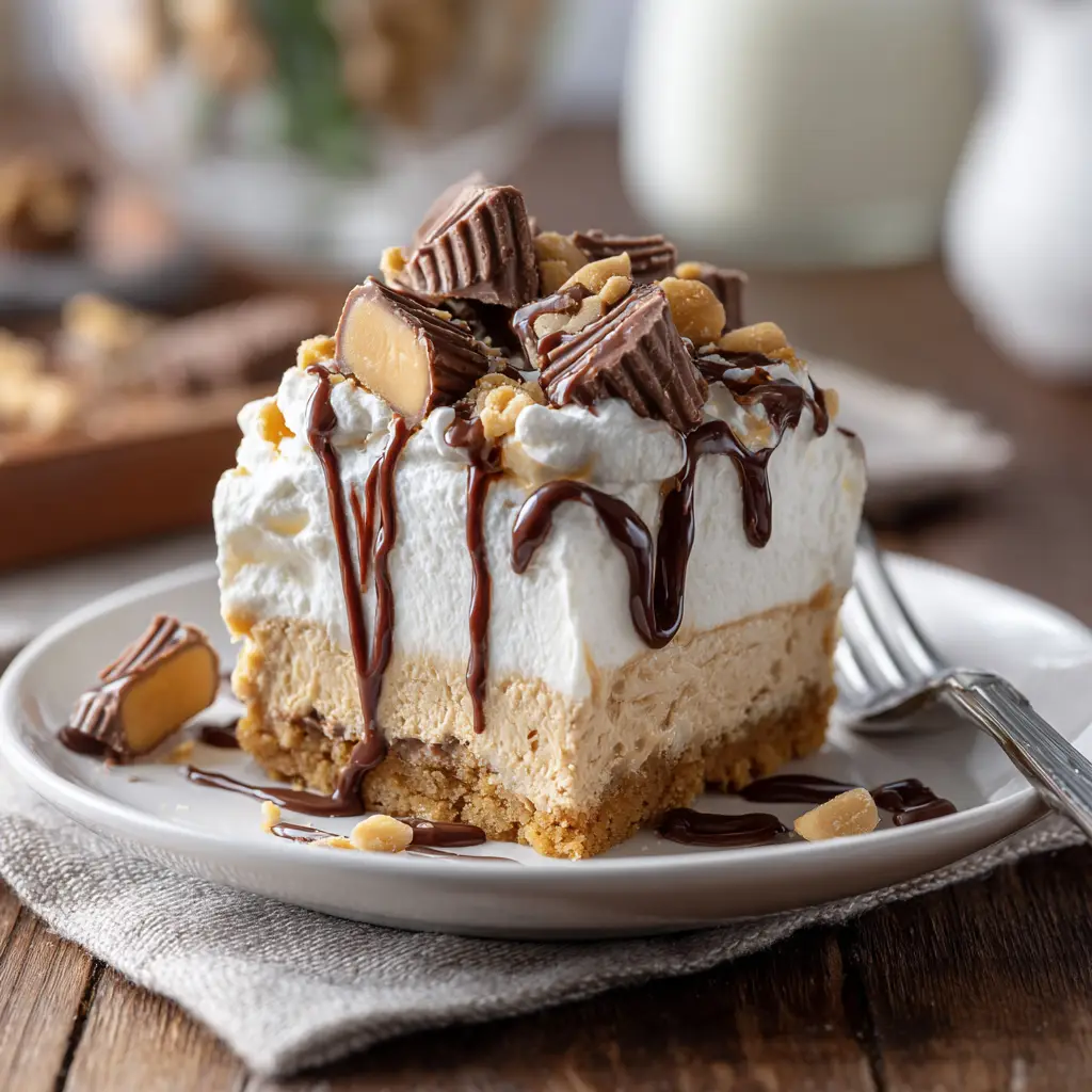 A baker spreading the creamy peanut butter filling over the dark Oreo crust in a 9x13 glass baking dish. An action shot demonstrating how to make the no-bake dessert.