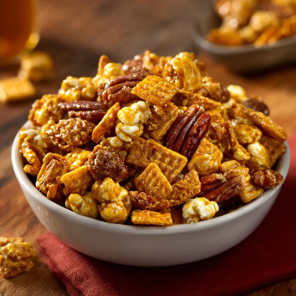 The praline crunch mix spread out on a baking sheet to cool, with individual clusters of caramel goodness visible.
