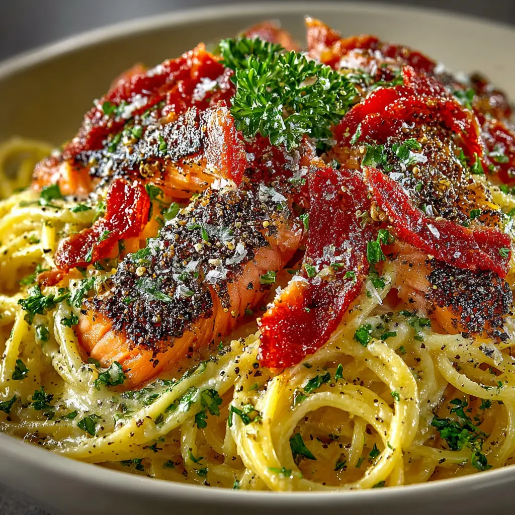 A chef tossing the smoked salmon carbonara in a pan, demonstrating how to combine the pasta with the egg sauce to avoid scrambling.