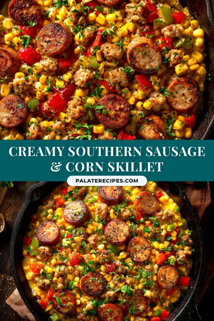 A vibrant skillet of Maque Choux with Sausage, garnished with fresh parsley. The Cajun corn dish features smoked sausage, bell peppers, and a creamy sauce.