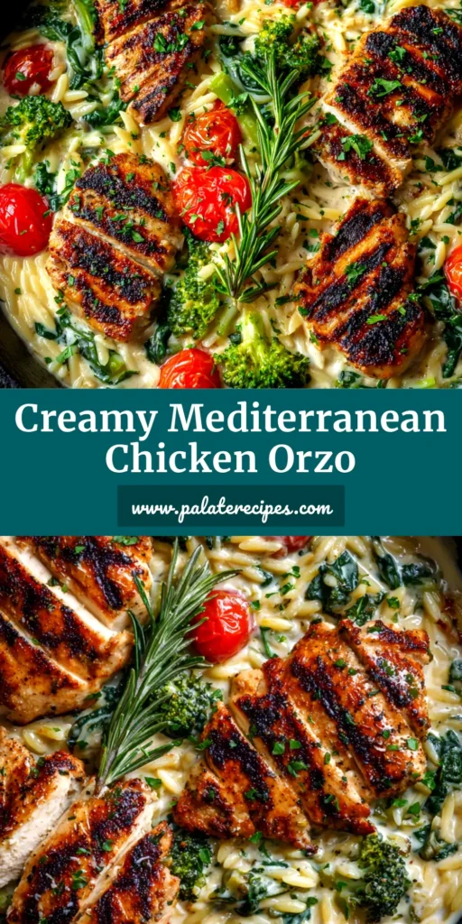 A beautiful top-down shot of the finished one-pan Mediterranean Chicken Orzo in a skillet, garnished with feta cheese and fresh herbs.