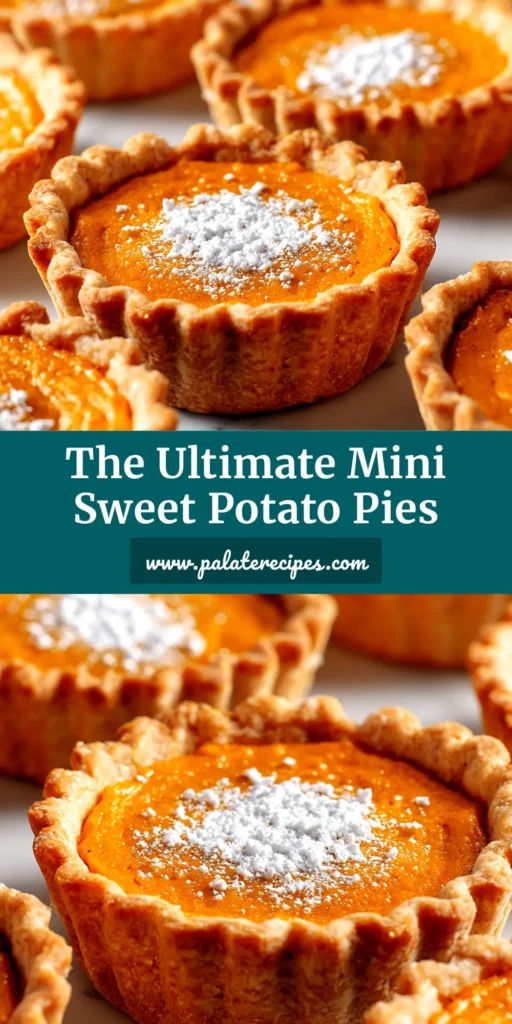 An overhead shot of several mini sweet potato pies on a serving platter, topped with whipped cream and cinnamon. The perfect individual dessert recipe for Thanksgiving.