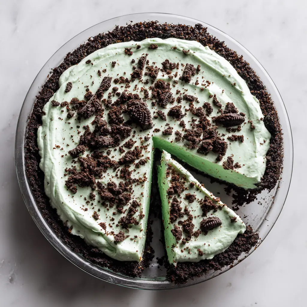 A close-up shot of the creamy green mint filling being spread over the dark Oreo crust in a pie dish.