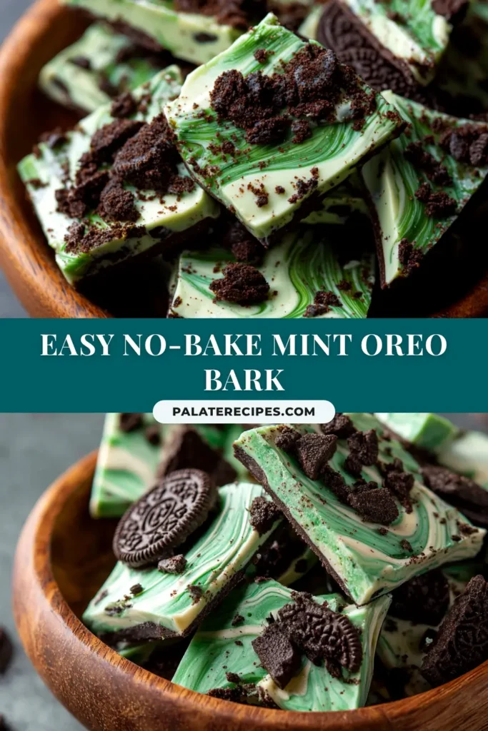 An overhead shot of broken pieces of Mint Oreo Bark arranged on parchment paper, showing the distinct layers of dark chocolate, green mint, and crushed Oreo topping.