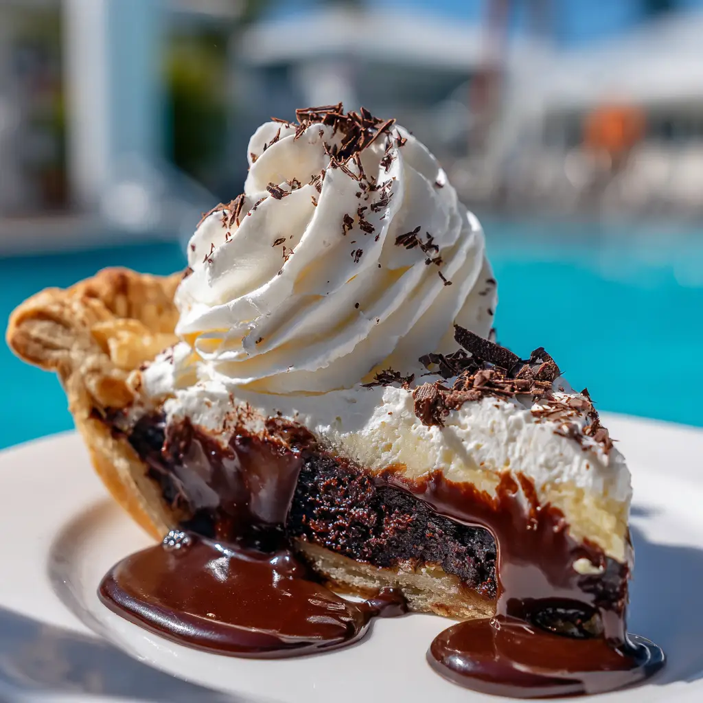The thin, liquid batter for the hot fudge pie being mixed in a bowl, showing how simple the preparation is.