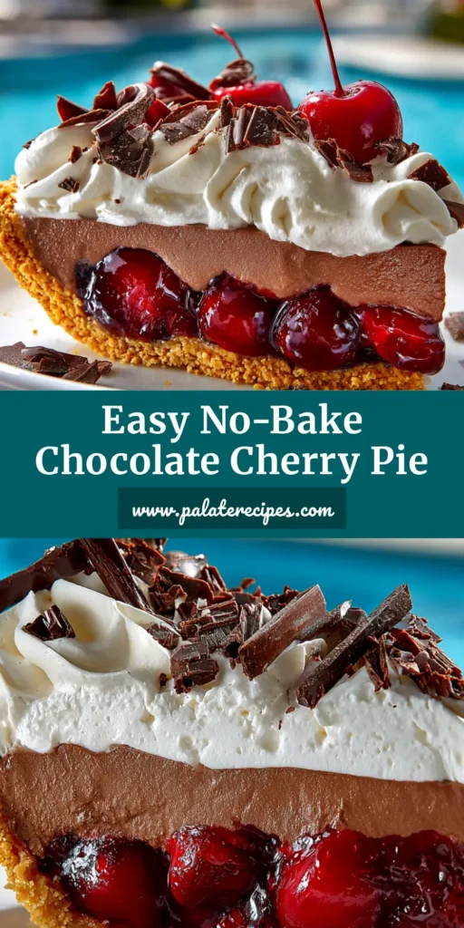 A stunning overhead shot of a whole No-Bake Chocolate Cherry Pie with a slice taken out, showing the layers of Oreo crust, chocolate filling, and cherry topping.