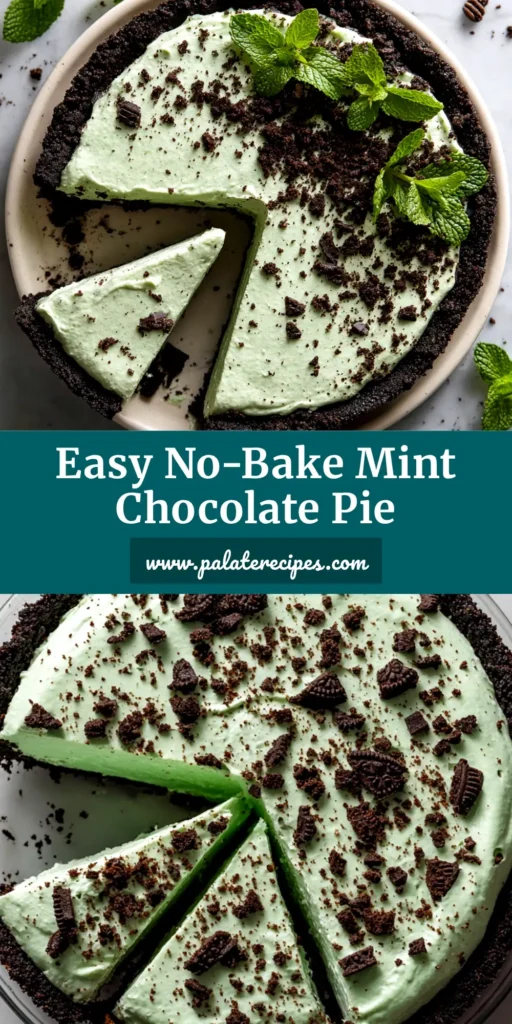 A slice of no-bake mint chocolate pie on a white plate, showing the distinct layers of Oreo crust, green mint filling, and a shiny chocolate ganache top.