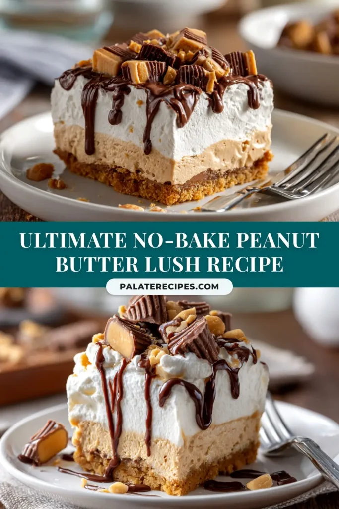 A top-down view of the full No-Bake Peanut Butter Lush in a 9x13 pan, showing the distinct layers and garnished top. The perfect easy layered peanut butter dessert.