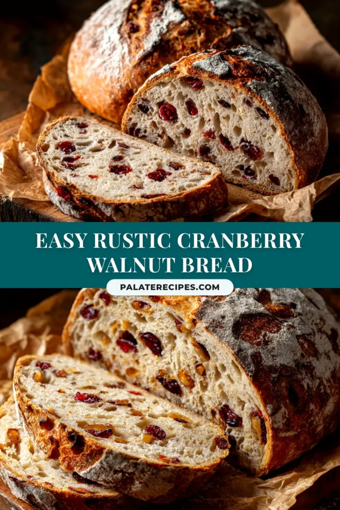 A beautiful round loaf of homemade Cranberry Walnut Artisan Bread with a perfect golden-brown crust. The title text reads 'Easy No-Knead Cranberry Walnut Bread'.