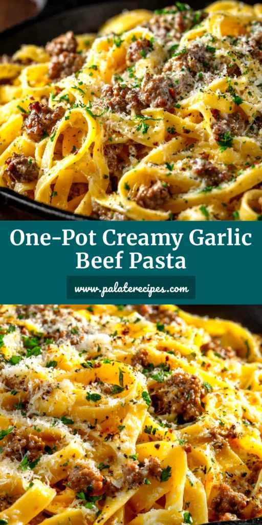 A top-down view of a skillet filled with creamy One-Pot Beef and Garlic Butter Pasta, garnished with fresh parsley.