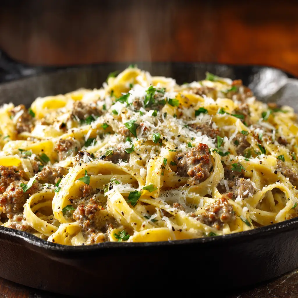 A fork twirling a bite of the one-pot beef and garlic butter pasta, showcasing the tender beef and perfectly coated noodles.