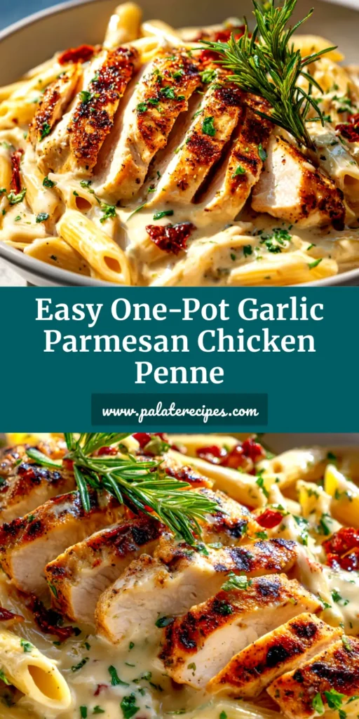 A close-up overhead shot of One Pot Creamy Garlic Parmesan Chicken Penne in a white bowl, garnished with fresh parsley. The perfect easy weeknight dinner idea.