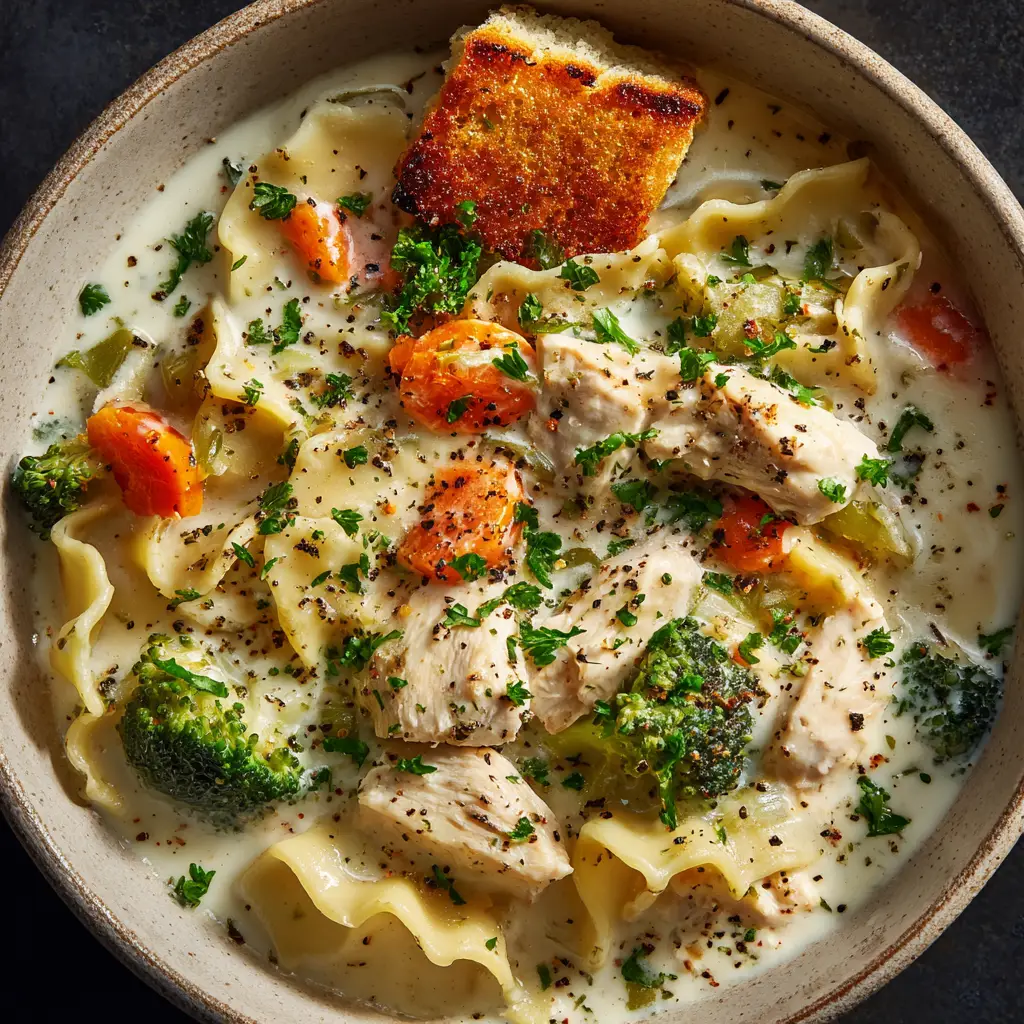A rustic white ceramic bowl filled with hearty one-pot white chicken lasagna soup, garnished with fresh herbs.