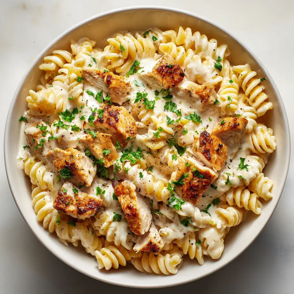Creamy Garlic Butter Chicken Alfredo: The Ultimate Comfort Meal 2 Juicy, golden-brown chicken breast sliced and ready to be served over a bed of creamy fettuccine alfredo.