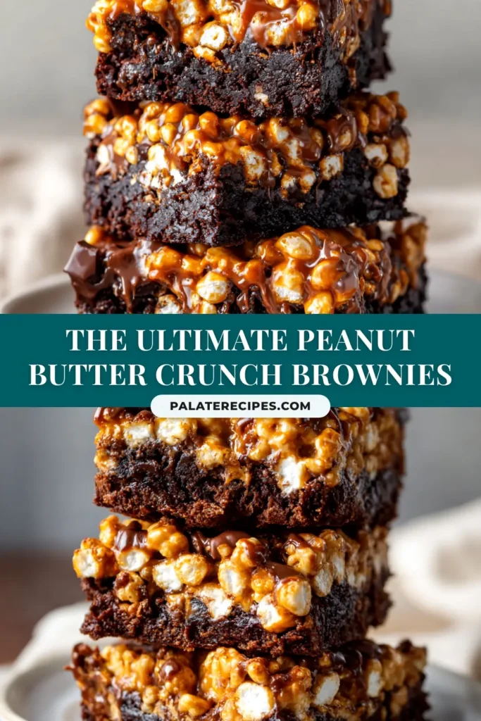 A stack of three Peanut Butter Crunch Brownies on a white plate, showing the fudgy brownie layer and thick, crispy peanut butter topping. The background is a rustic wooden surface.