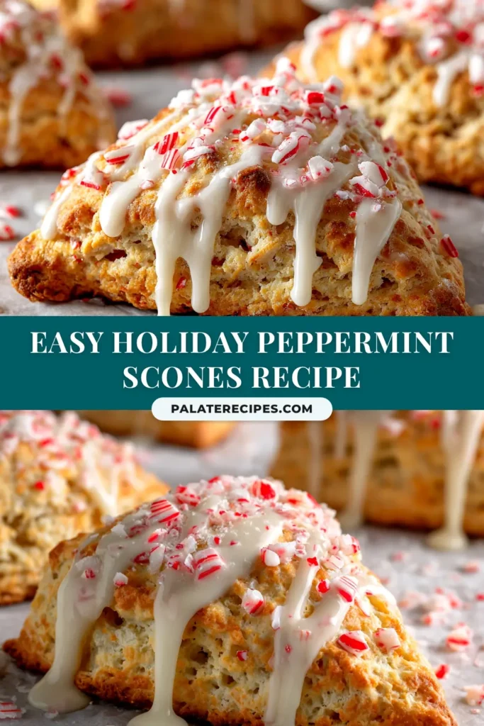 A close-up of a perfectly baked peppermint white chocolate scone, drizzled with white chocolate glaze and sprinkled with crushed candy canes.