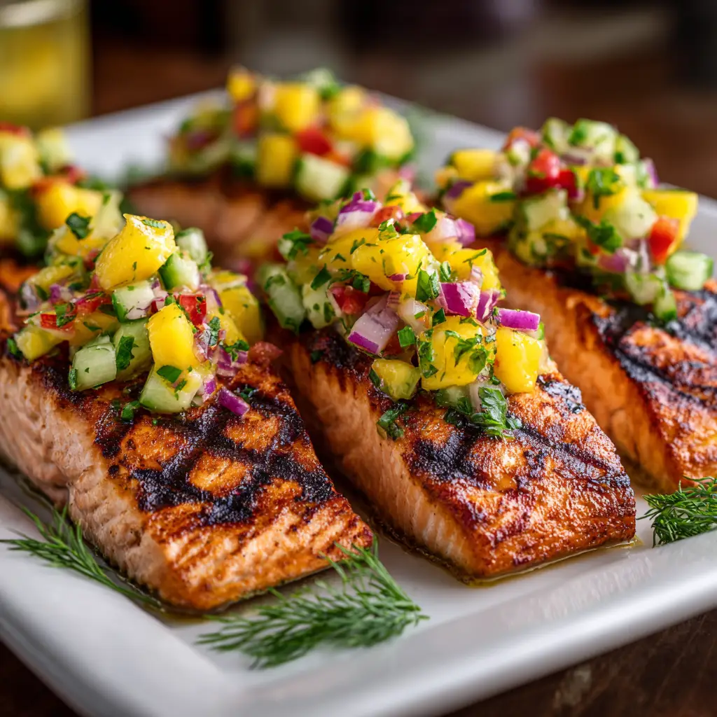 A beautiful plate of grilled salmon with a generous portion of colorful mango salsa, garnished with fresh cilantro and a lime wedge.