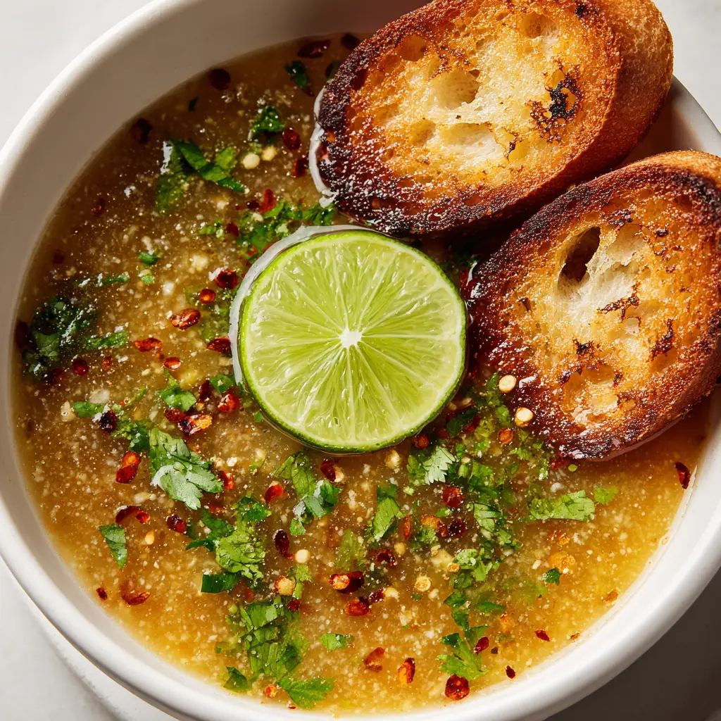 A step-by-step process shot showing a poached egg being gently added to the simmering Mexican garlic soup in a dutch oven.