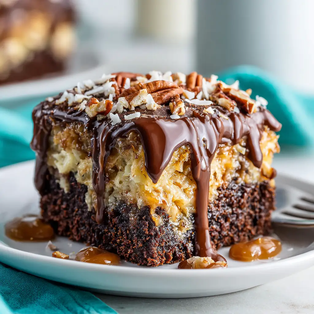 The full 9x13 inch German Chocolate Poke Cake, showing the holes poked into the surface before the frosting is added.