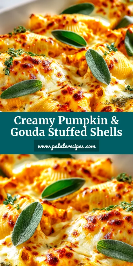 A close-up shot of baked Pumpkin Gouda Stuffed Shells in a white baking dish, garnished with crispy sage. The shells are golden brown and bubbling.