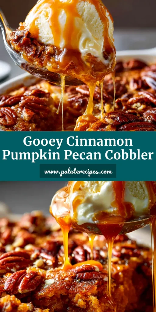 A delicious slice of Pumpkin Pecan Cobbler on a white plate, topped with a scoop of vanilla ice cream. The perfect easy fall dessert recipe.