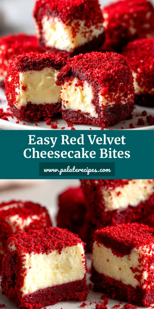 A platter of perfectly made Red Velvet Cheesecake Bites, each with a swirl of cream cheese frosting and a sprinkle of mini chocolate chips on an Oreo crust.