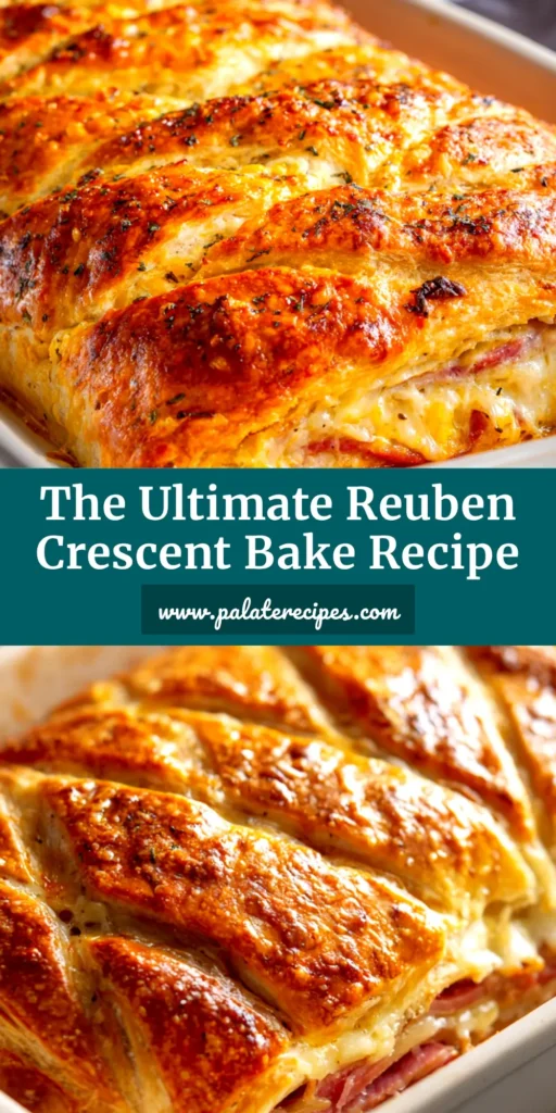 Reuben Crescent Bake: The Ultimate Easy Cheesy Recipe 4 A golden brown Reuben Crescent Bake in a white baking dish, showing layers of corned beef, swiss cheese, and sauerkraut. The perfect easy recipe for dinner or an appetizer.