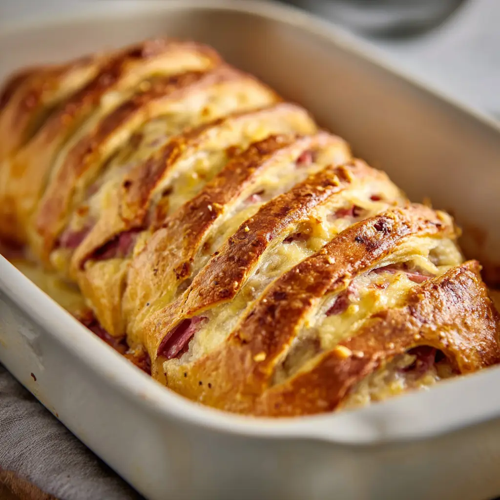 Reuben Crescent Bake: The Ultimate Easy Cheesy Recipe 2 A slice of cheesy Reuben bake being lifted from the baking dish, showing a delicious cheese pull.