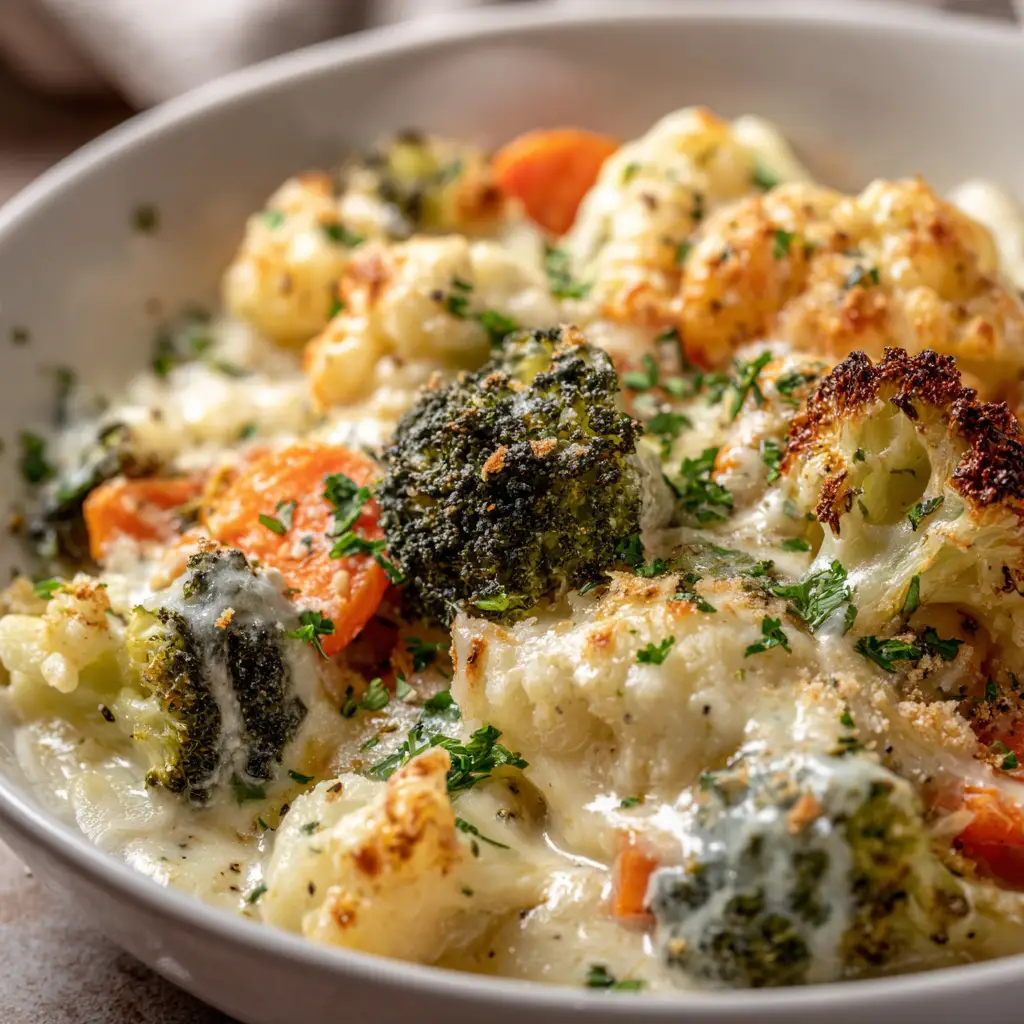 The roasted root vegetable bake before the cheese sauce is added, showing caramelized carrots, parsnips, and sweet potatoes.